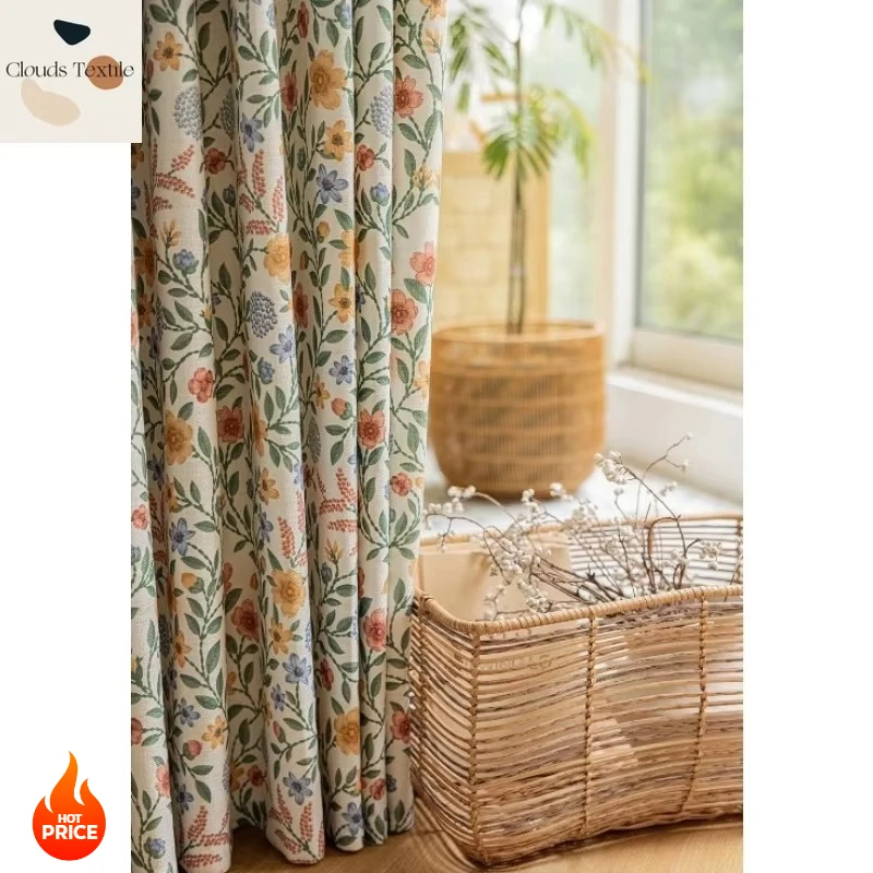 

French American Curtains for Living Dining Room Bedroom Small Broken Flowers Cotton Linen Printing Balcony Curtains Gauze