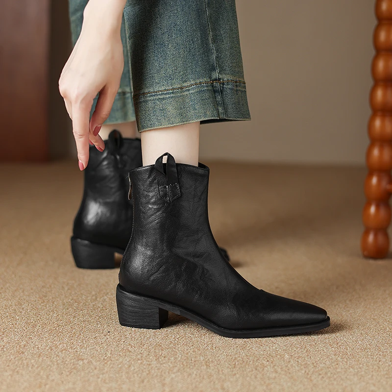 Petite Feet Fake Leather Women Ankle Boots Back Zipper Black Brown High Block Heels Autumn Oversize Square Toe Western Boots