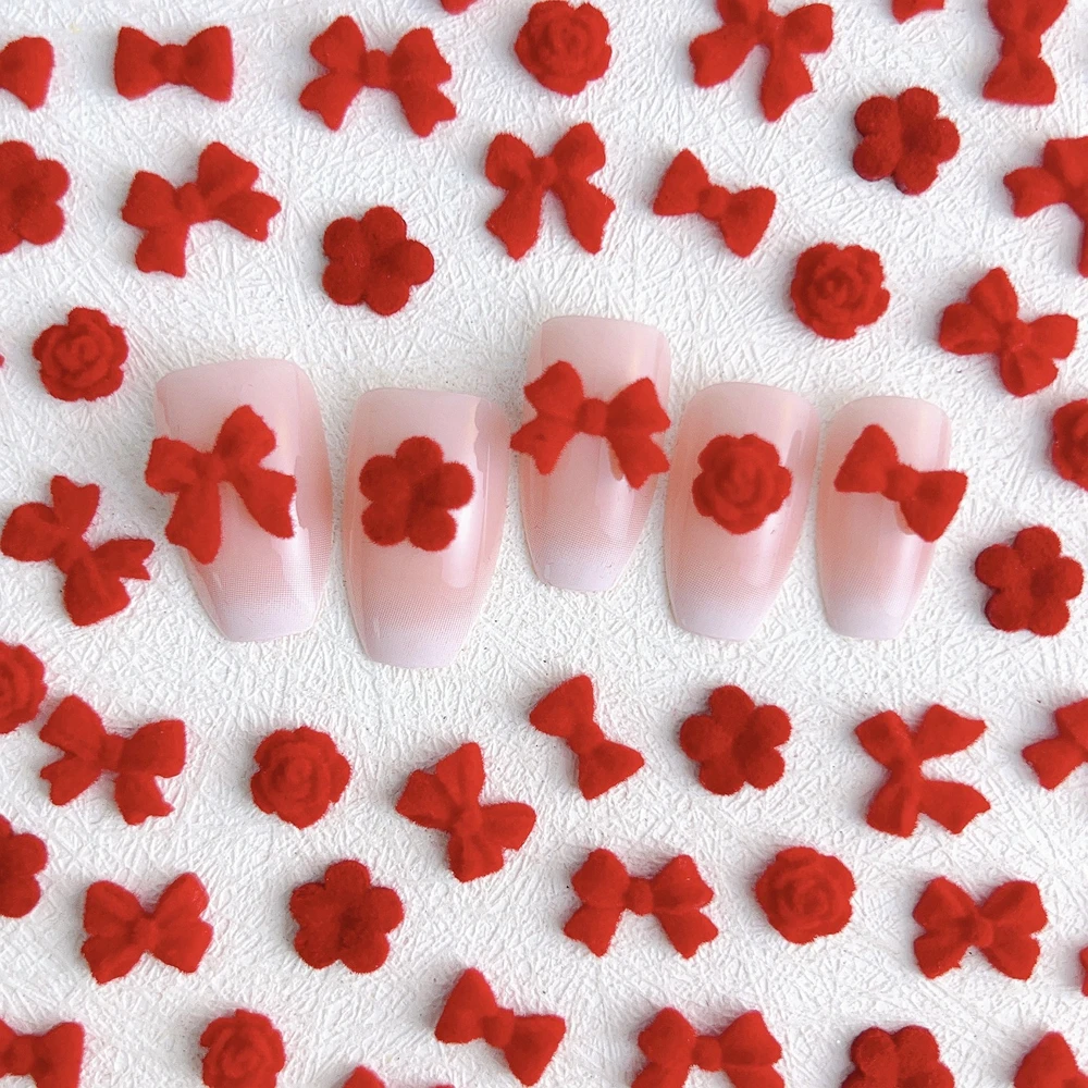 30PCS Red Fluffy Bow Nail Art Charms Parts Flocking Ribbon Bowknot Flower Accessories For Nails Decoration Supplies Materials