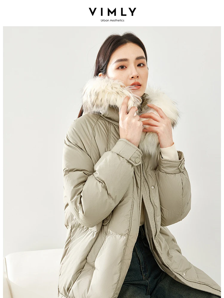 Imagem -02 - Jaqueta Puffer com Capuz Vimly para Mulheres Gola de Pele Zíper Pato Branco para Baixo Cabolsas Longos Caloroso Outerwear Fêmea Inverno 50336