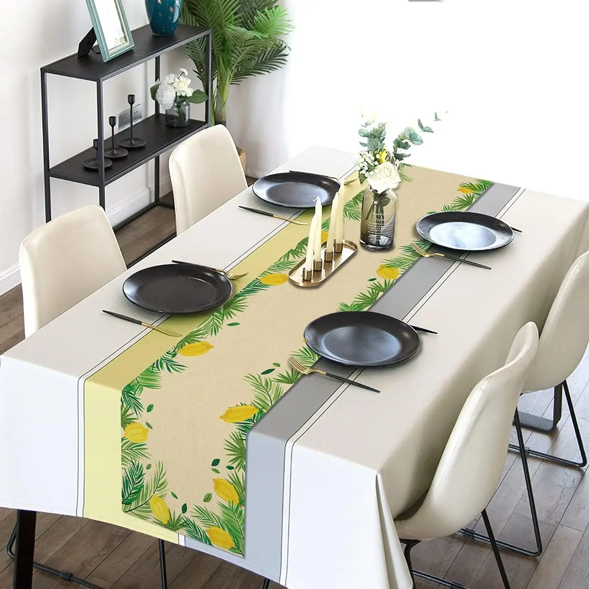 Sukkot Linen Table Runner Jewish Holiday Table Decor Reusable Etrog Sukkah Kitchen Dining Table Runner Sukkot Decorations