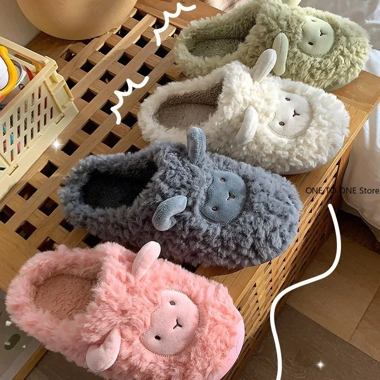 

Women Lovely Sheep Fluffy Slippers Men Fashion Animals Non-slip Plush Slides Lovers Soft Warm Cartoon House Shoes For Winter