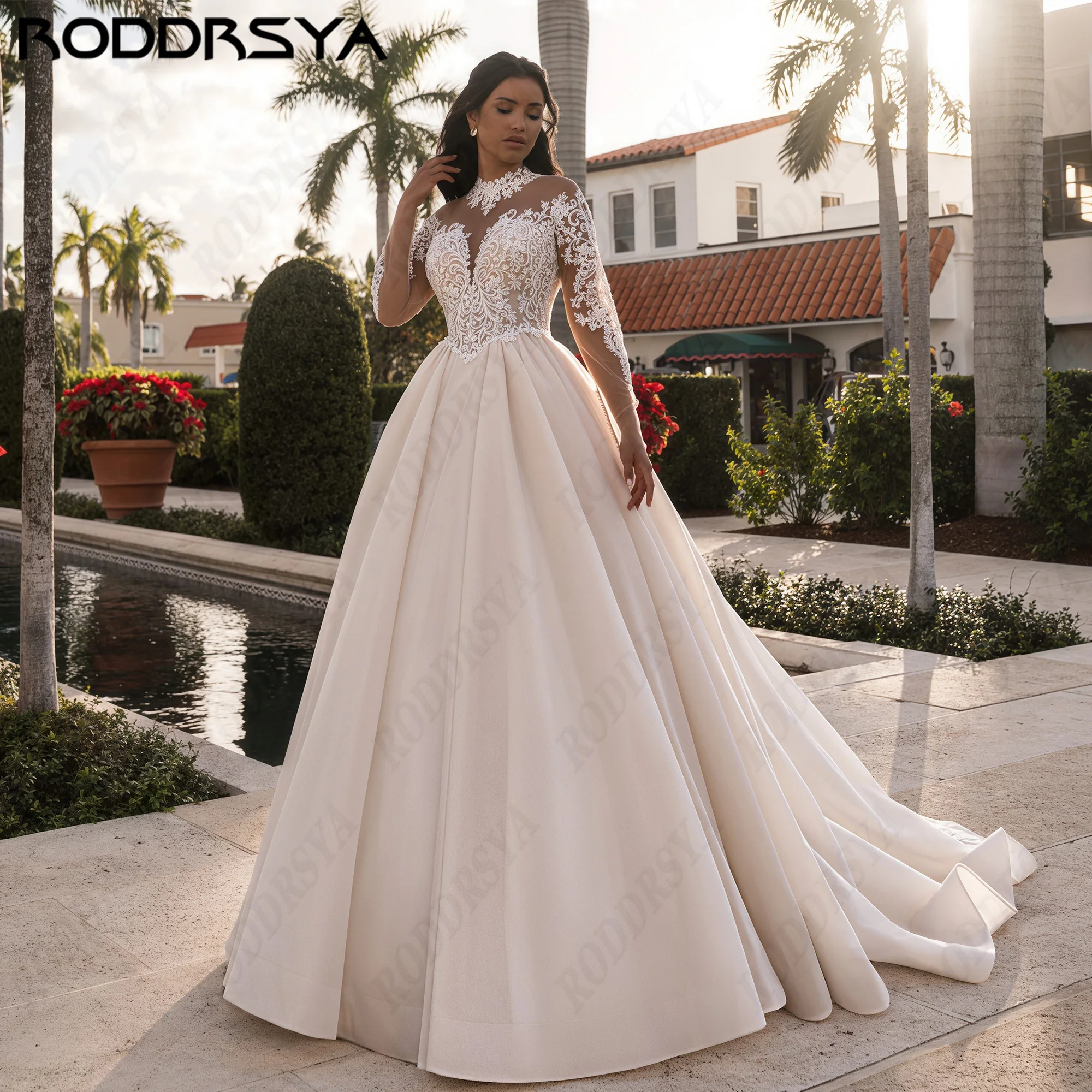 RODDRSYA Kundenspezifisches Hochärmeliges Hochzeitskleid mit langen Ärmeln, Perspektive-Garn Blumen, Blumenkleid, Brautkleid. Europäischer Stil Hals Fine Glitzer Perlen Garn Hollow Perspektive Rücken