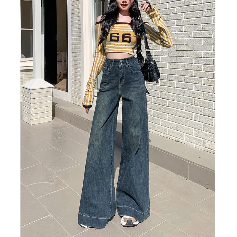 

Female Double Button Straight Leg Jeans Girls Retro Casual High Waist Denim Pants Women Fashion Solid Color Trousers