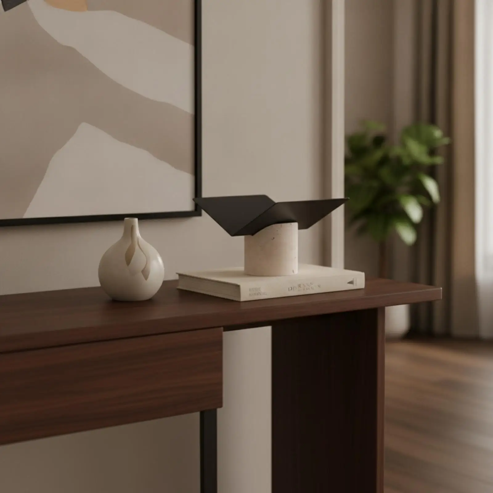 geometric-bookend-display-piece-beige-stone-look-base-matte-black-panels-decorative-book-holder-for-bookshelf-minimalist