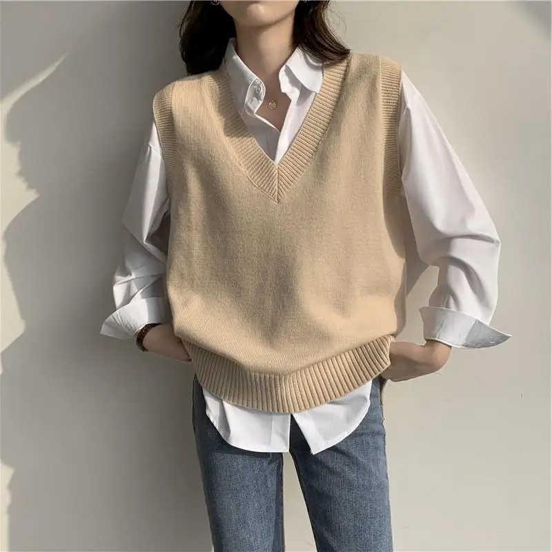 Sweater Vests for Women Korean Style 7 Colors Pure All-match Sleeveless V-neck Vintage Elegant Knitted Young New Arrival Loose