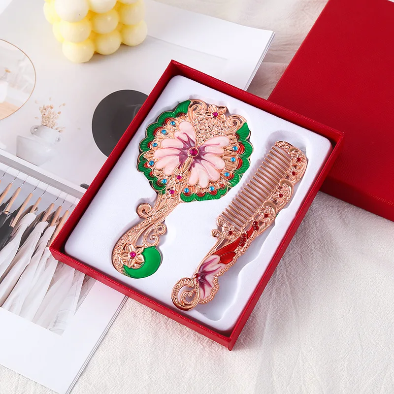 1 セットハンドヘルドミラーメイクアップヴィンテージ装飾パーソナルミラーコームポータブル化粧品