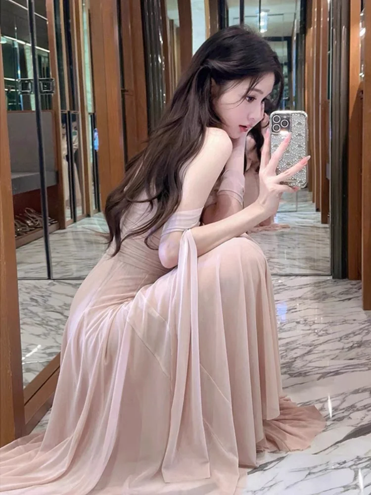 Elegant Wedding Evening Party Midi Dresses for Women 2024 Summer New Spliced Mesh French Sexy Sleeveless Pink Female Clothing