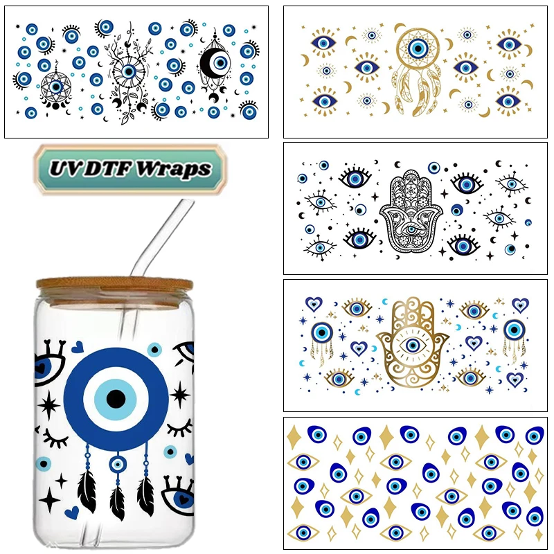 Evil Eye UV DTF Wraps, Boho Nazar & Hamsa Stickers for 16oz Glass Cans, Waterproof DIY Transfer Decals