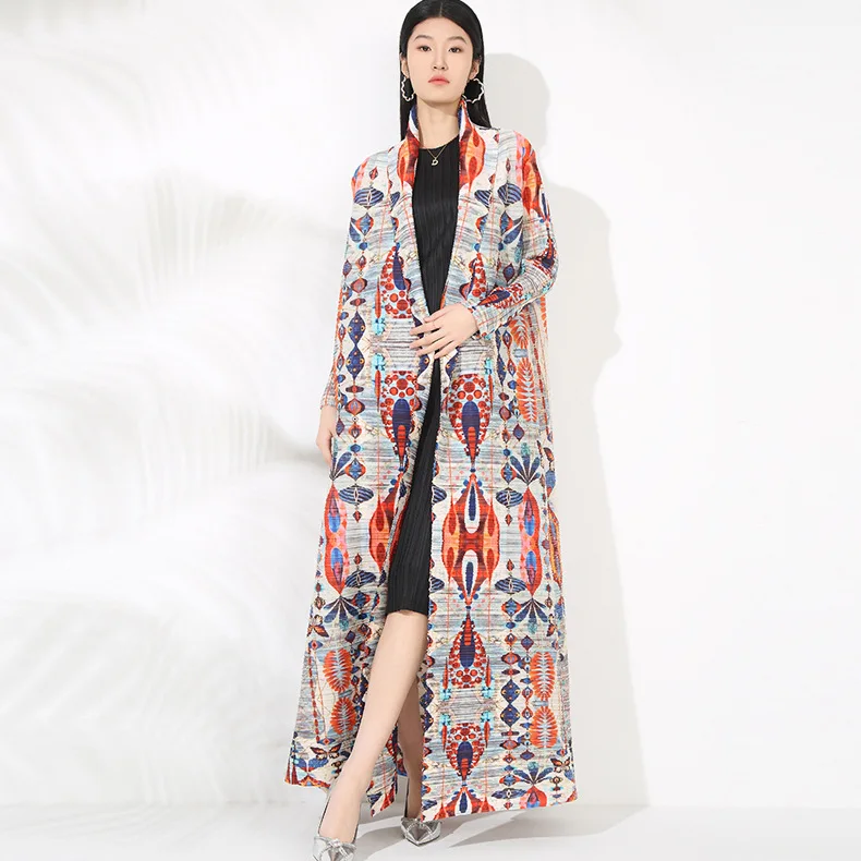 Miyake Plissee Abaya Frauen Trenchcoat Dubai Muslimischen Kaftan Gedruckt Langarm Marokko Original Designer Strickjacke Lange Mäntel