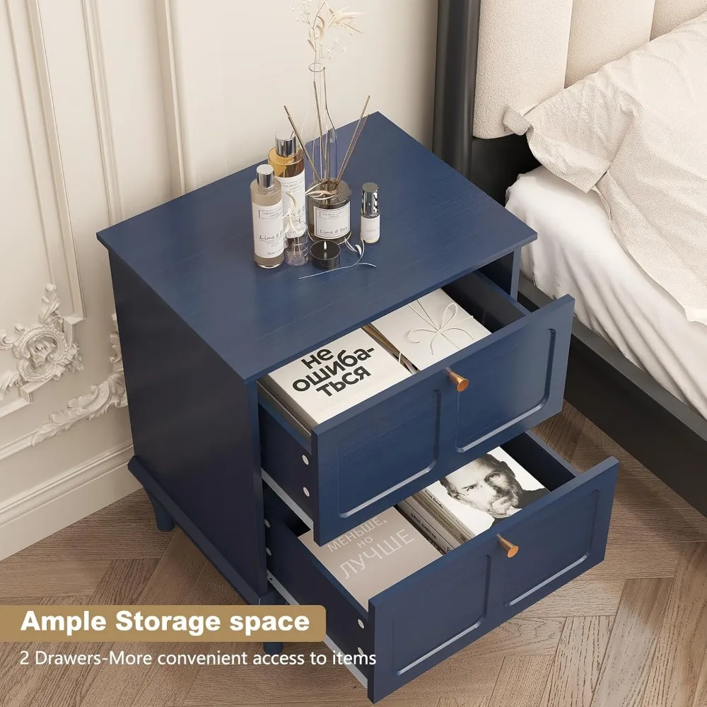 Par de mesitas de noche modernas de mediados de siglo, cajones de almacenamiento, patas de madera maciza, mesa auxiliar de madera, manijas de metal dorado, muebles de dormitorio elegantes