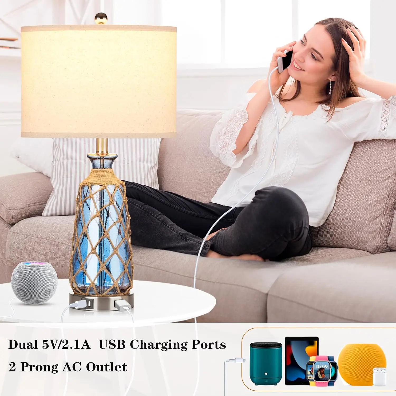 โคมไฟข้างเตียงแบบกระจกสไตล์ชายฝั่ง, ควบคุมการหรี่แสงได้ 3 ระดับด้วยระบบสัมผัส พร้อมพอร์ต USB และเต้ารับไฟฟ้า, โคมไฟตั้งโต๊ะ LED สีน้ำเงินสไตล์ทะเลสำหรับ