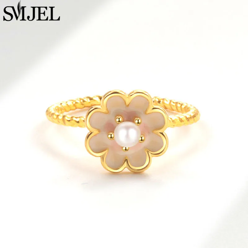 SMJEL 럭셔리 크리스탈 불안 완화 여성용 스피닝 피젯 링 귀여운 사쿠라 데이지 로즈 플라워 회전 링 안티 스트레스 선물