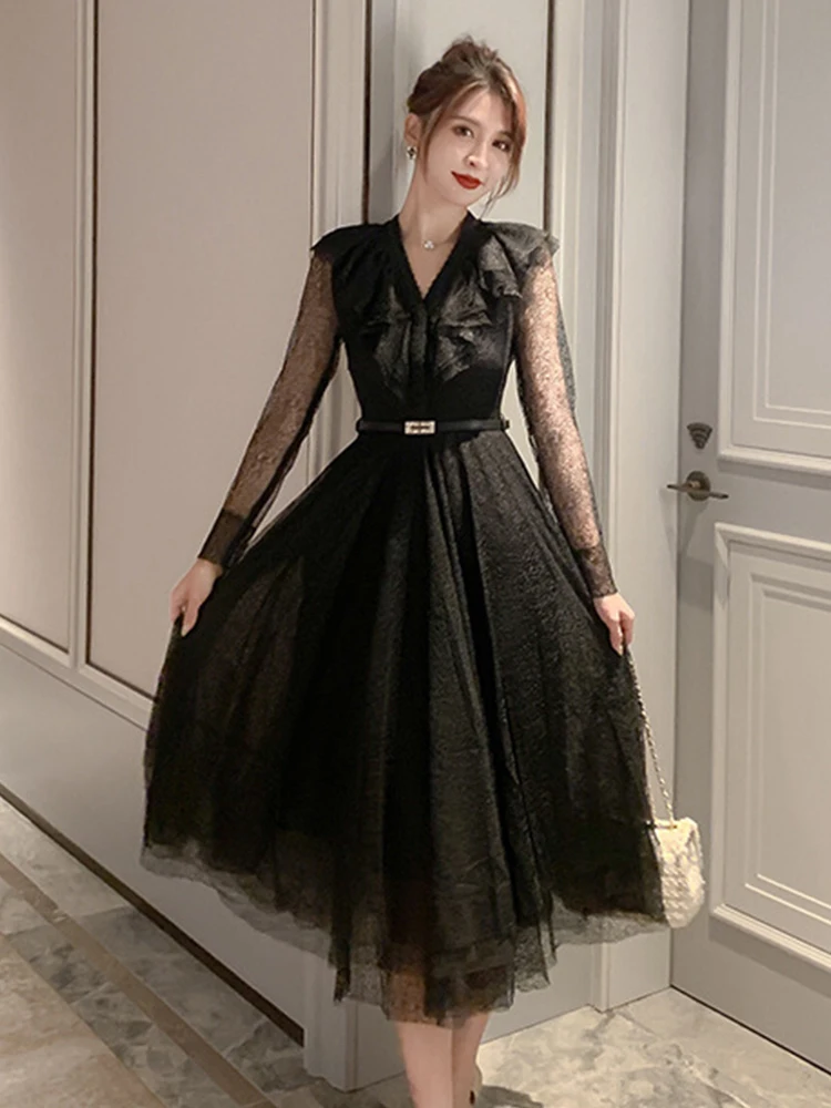 Spring Women Midi Dress Elegant Sexy Black Sheer Mesh Lace Long Sleeve High Waist Belt A-line Robe Femme Party Street Vestidos