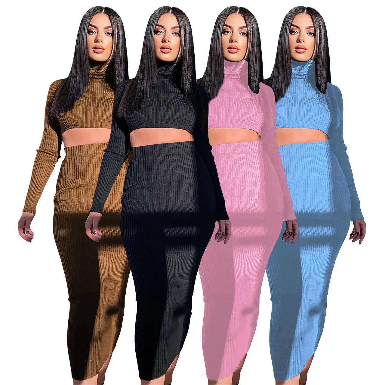 

Autumn Women Solid Colors Bodycon Skirt Set Winter Long Sleeved Cropped Top + Pencil Skirt Knitted Suit Plus Size vestidos