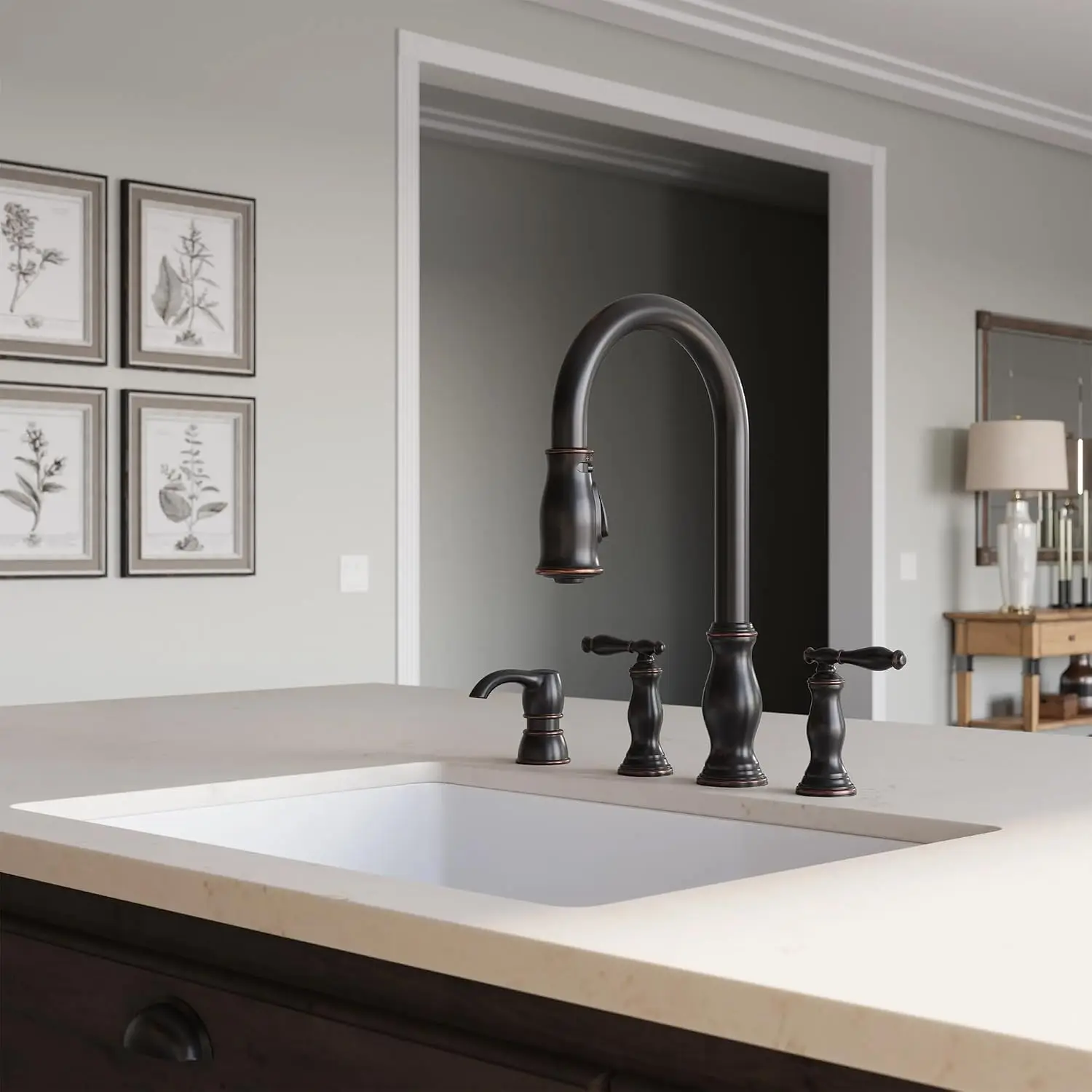 2-Handle High-Arc Kitchen Sink Faucet with Pull-Down Sprayer and Soap Dispenser, 4-Hole Installation, Tuscan Bronze Finish