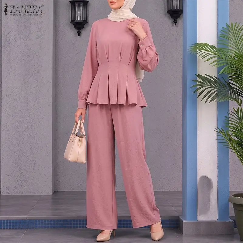 ZANZEA Women Muslim Sets Elegant Long Sleeve Autumn Tops Blusas Wide Leg Pants Pleated Two-piece Outfits Pants Sets 2PCS