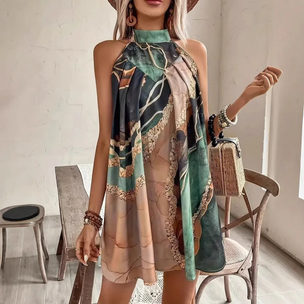 2025 primavera slim-fit hip-envolto sem mangas tripulação pescoço listrado impressão sexy mini vestido design cores contrastantes cw96942