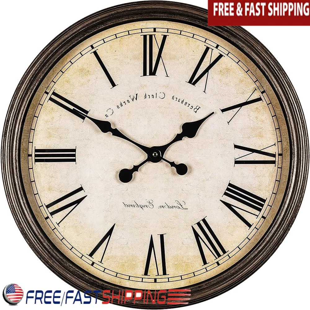

Large Decorative Wall Clock Silent Non Ticking Battery Operated Vintage Quartz Timepiece Home Office Kitchen Living Room Retro