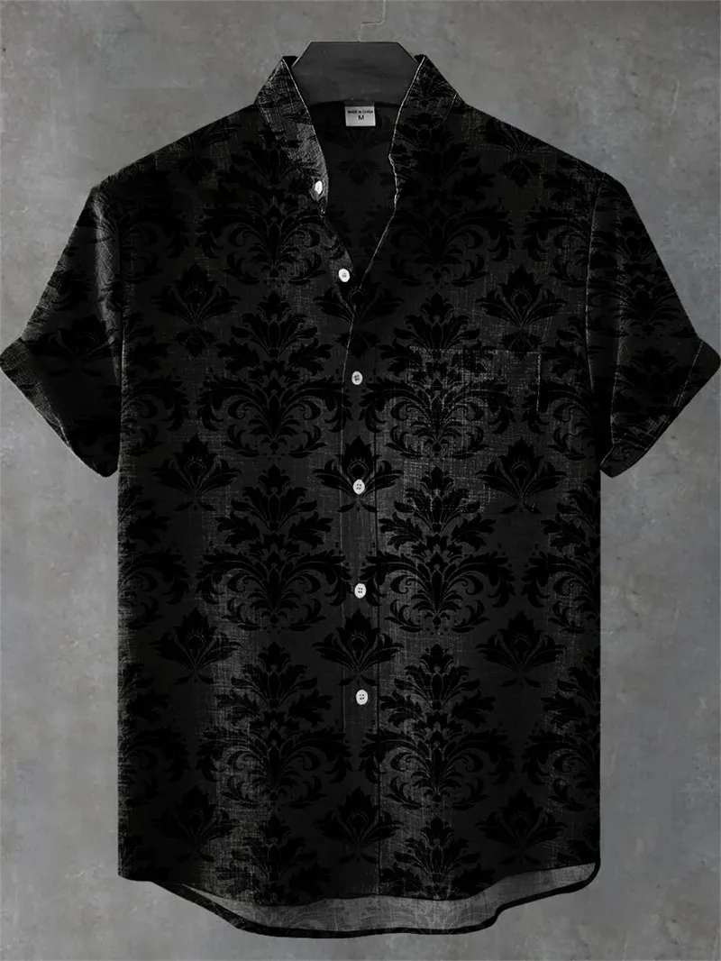 Spring and Autumn Hot Selling Men's Linen Short Sleeved Shirt Retro Pattern Printed Shirt Casual Fashion Top
