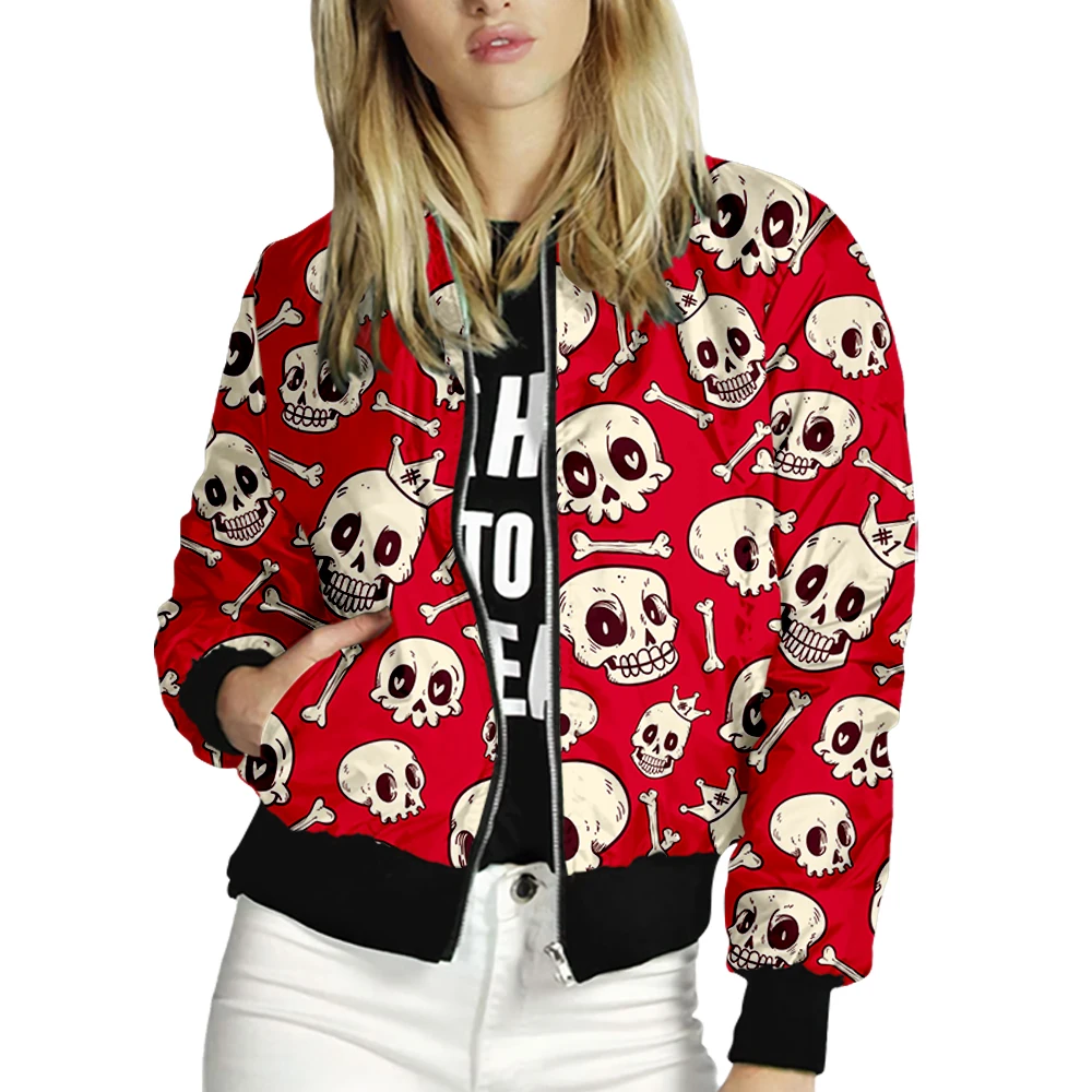 Women\'s Jacket Tops Long Sleeves Skull Print Baseball Collar Zipper Coat Slim Fashion Lady Girls bomber Jacket Street Style