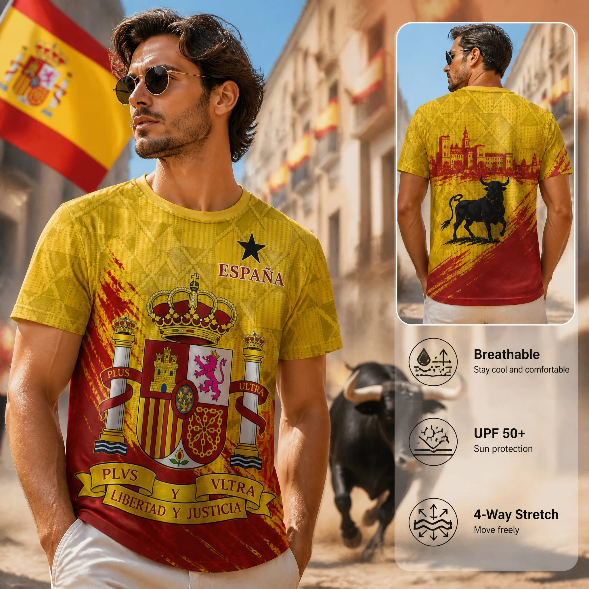 Mens Crew Neck Short Sleeve Spain Crest Graphic T Shirt Yellow Geometric Print Bull Back Design Breathable Casual Summer Top Tee