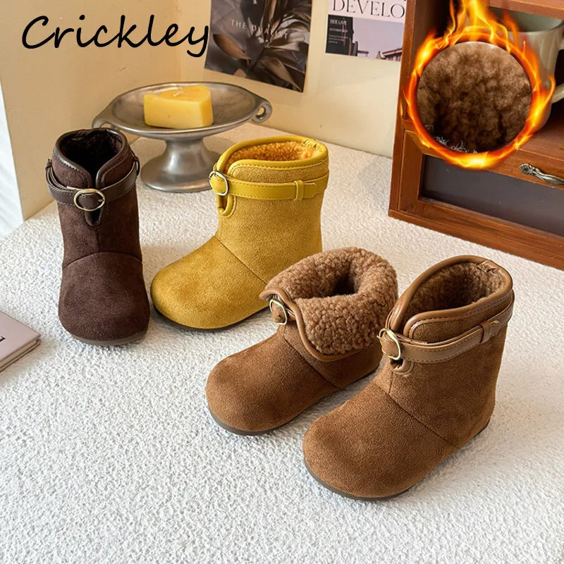 

Модные ботинки с однотонной пряжкой для девочек и мальчиков, зимние флисовые теплые замшевые детские ботильоны из искусственной кожи, нескользящие детские ботинки без шнуровки