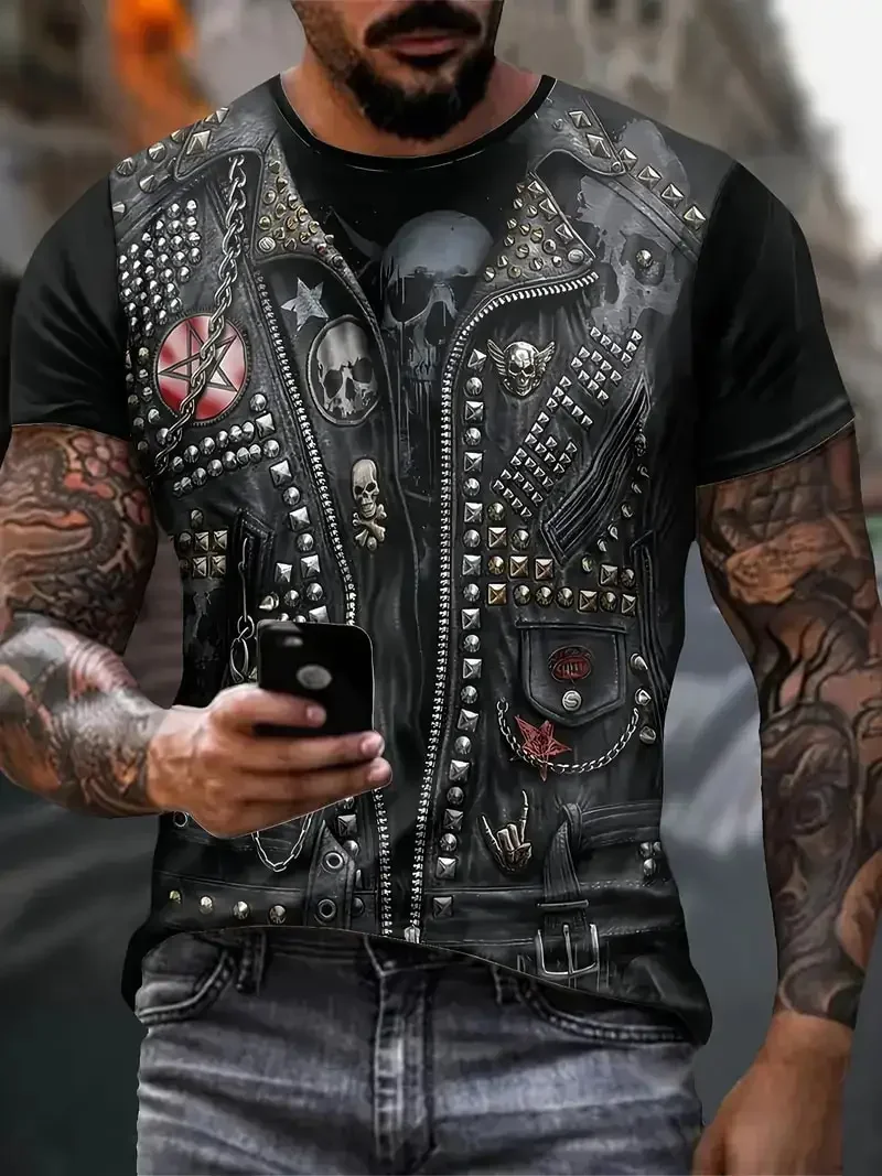 2025 New Motorcycle Jackets Graphic T-shirt Men's Vintage 3D Print Short Sleeve Crew Neck Tee Top Oversized Street Trend T shirt