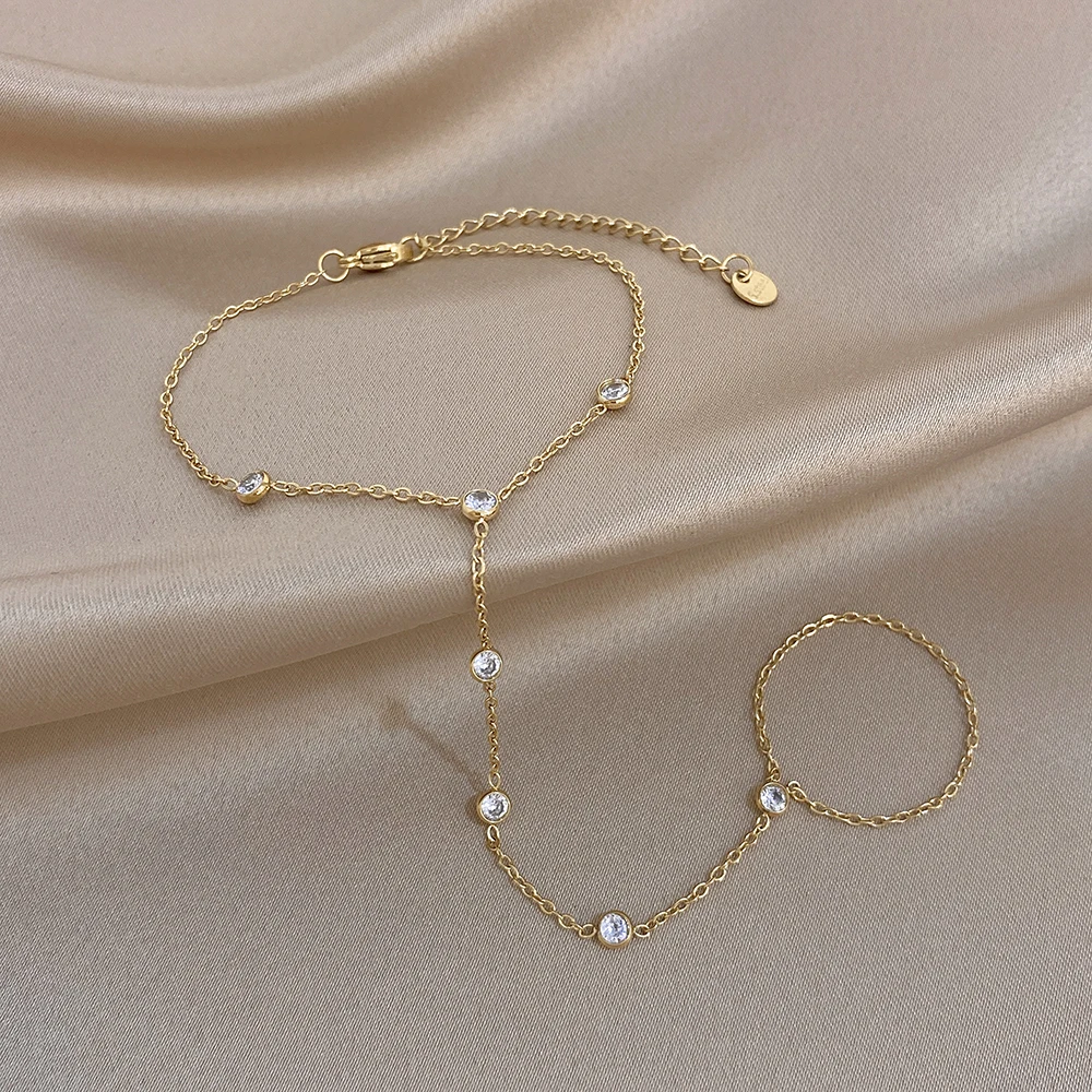 Chic Round Beads Zircon Bracelet for Women Gold Silver Color Stainless Steel Link Connected Finger Ring Bracelets Hand Jewelry - view 5