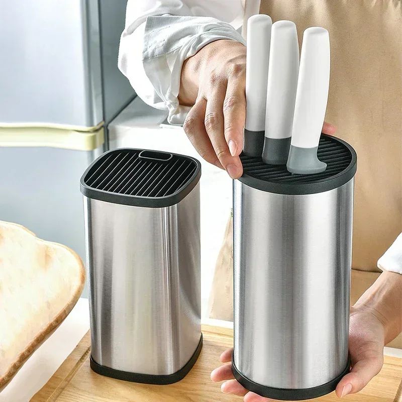 Stainless Steel Kitchen Plug Seat Knife Holder Multifunctional Storage Rack Knife Organizer Simple Style Square Round Bucket