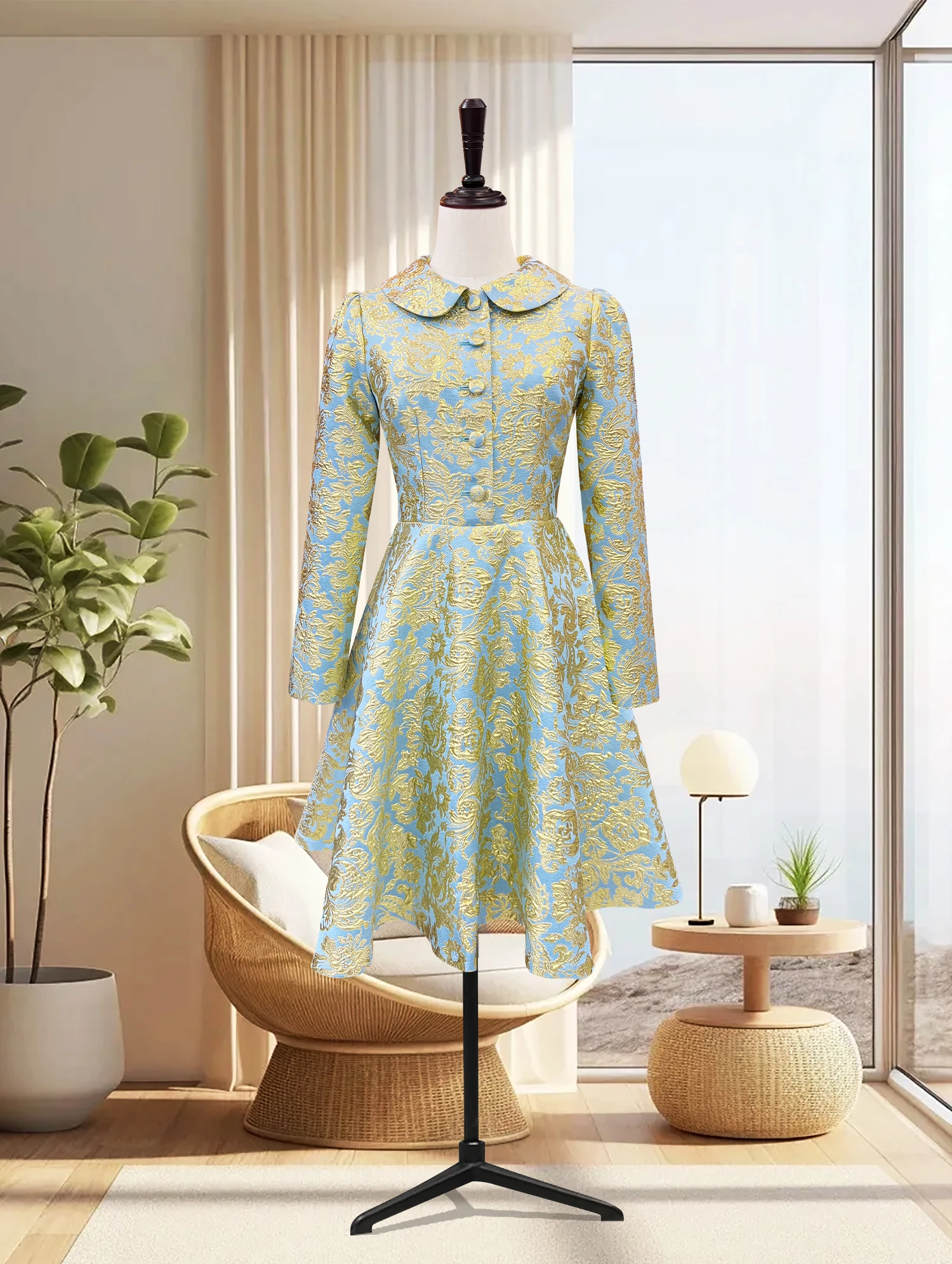 שמלת ג'קרד עם צווארון בסגנון סיני לנשים, שרוולים ארוכים, מותן מרובע, גזרת A