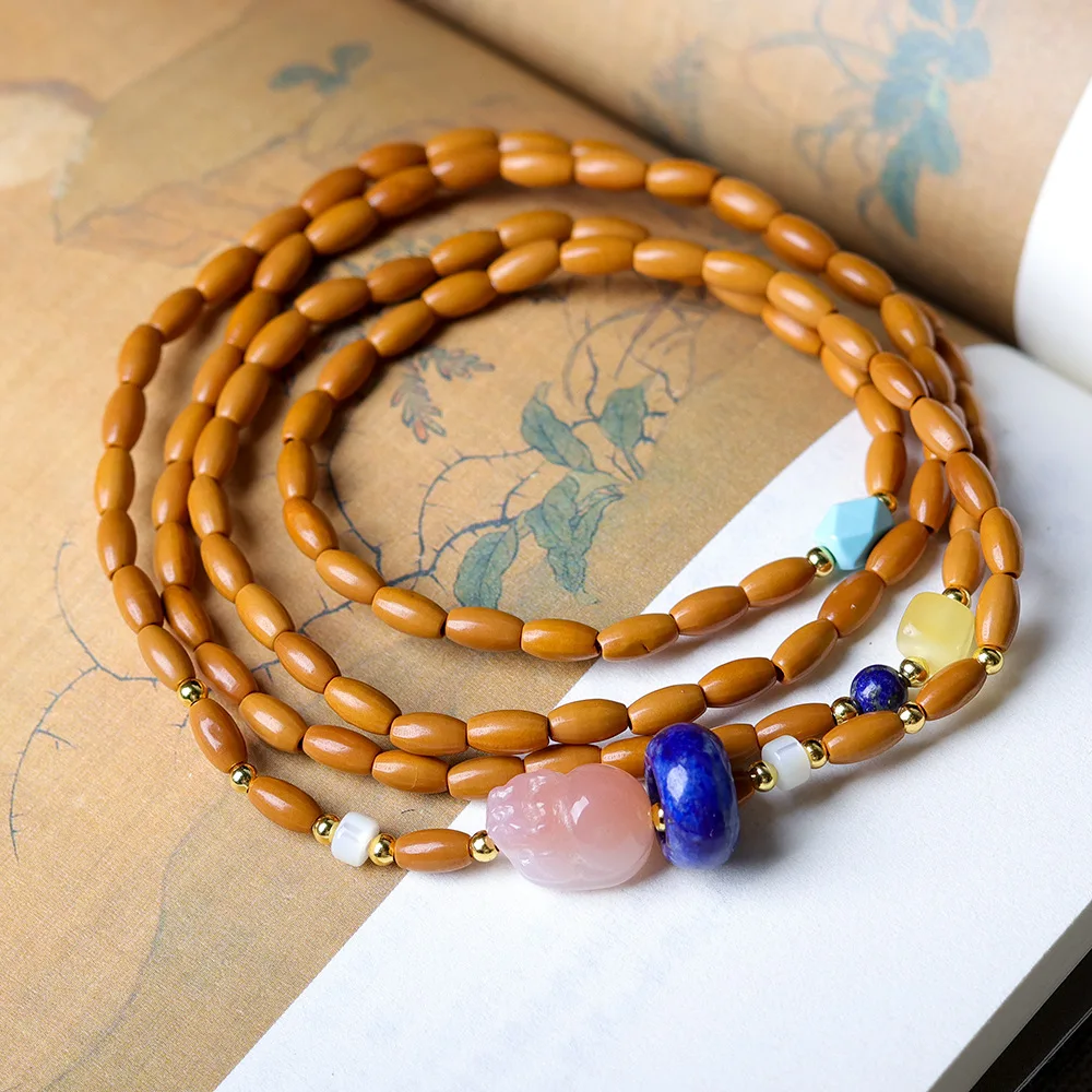 

New Chinese Style Olive Pit Rice Bead Multi Wrap Bracelet with Yanyuan Agate Pixiu Lapis Lazuli Ring Amber for Women Gifts