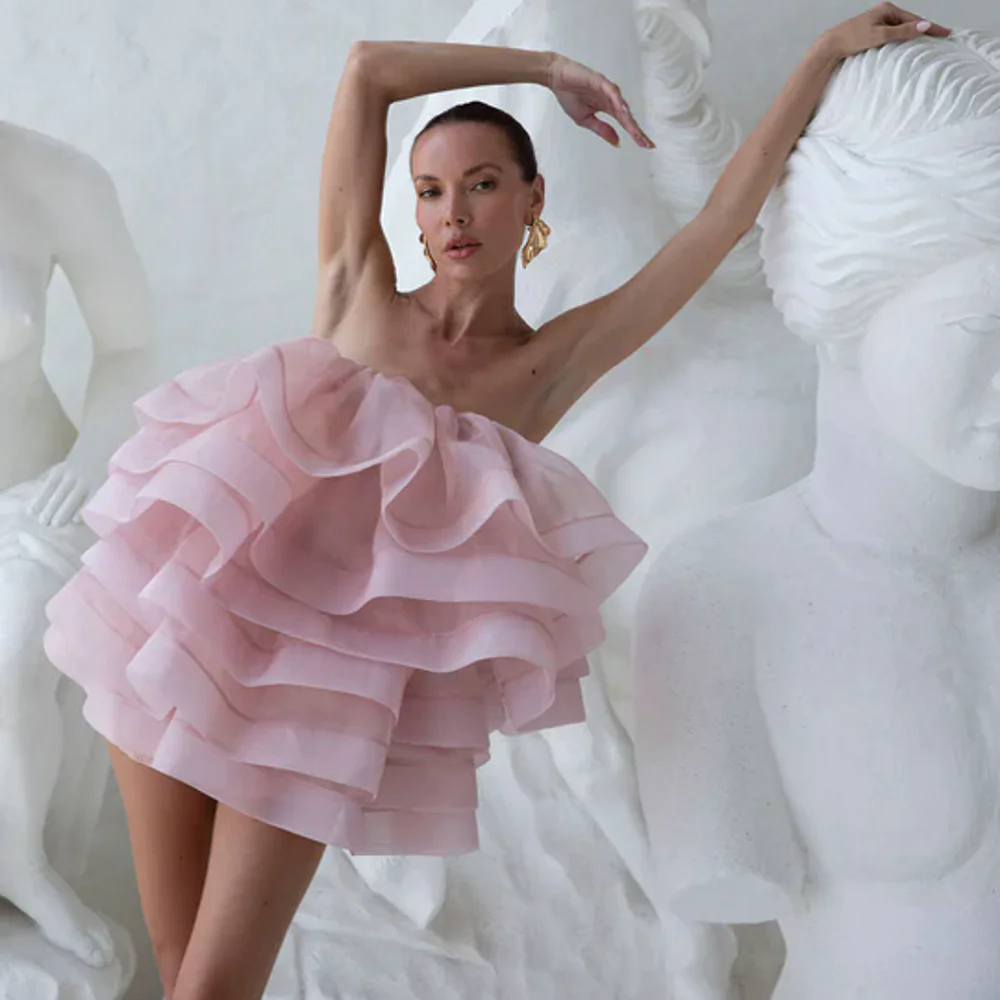 

Beautiful Pink Layered Organza Short Women Dresses Strapless A-line Mini Dress Sweety Mini Date Dress