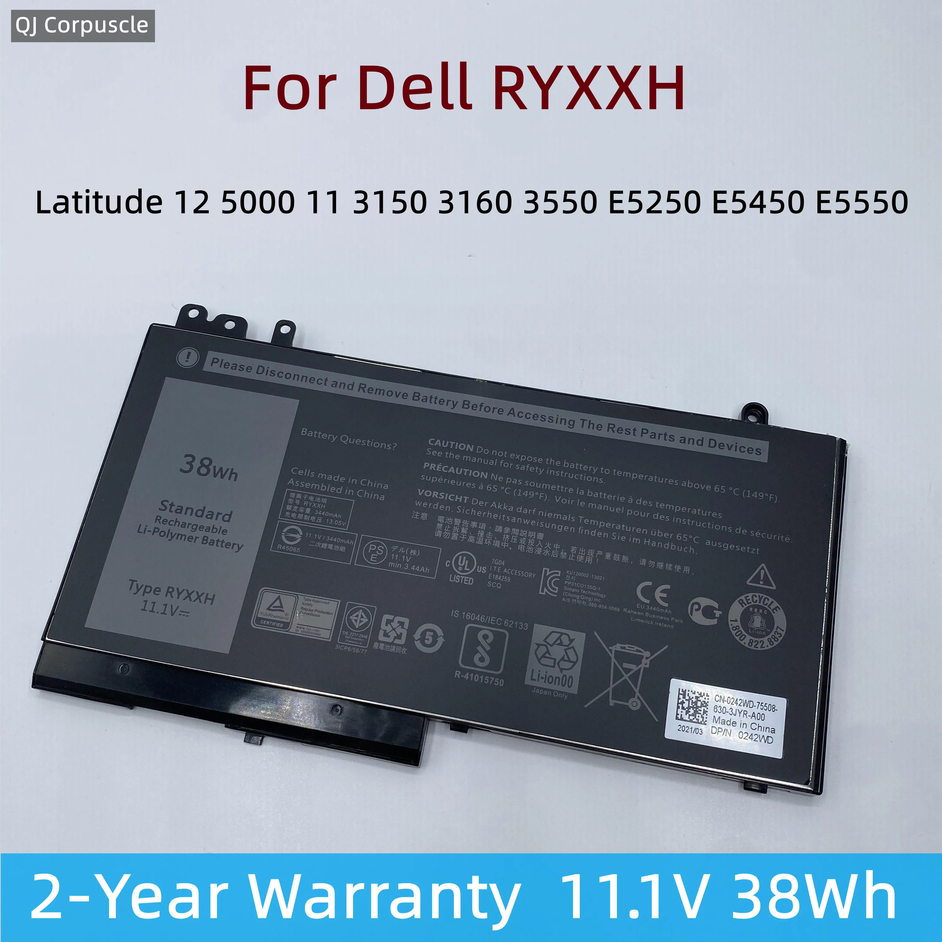 

New RYXXH Laptop Battery For Dell Latitude 12 5000 11 3150 3160 3550 E5250 E5450 E5550 Series notebook 9P4D2 5TFCY VVXTW R5MD0