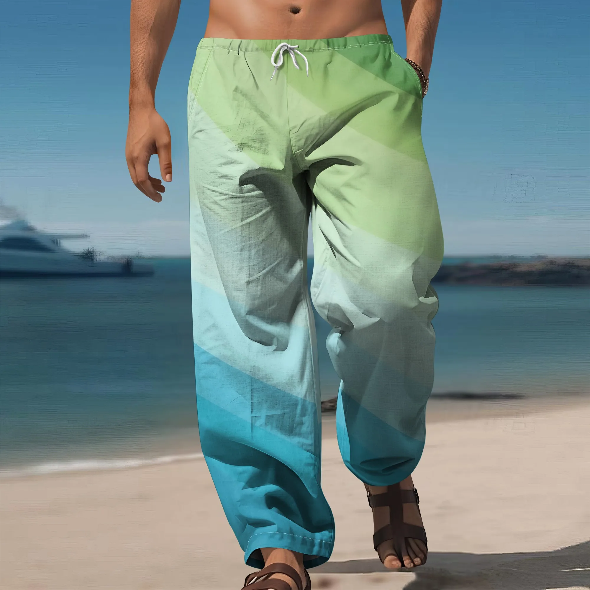 

YEAE Green Blue Gradient Stripe Print Pants for Men Summer Casual Loose Drawstring Trousers