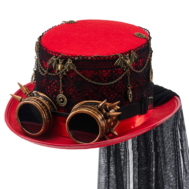 

Steampunk Top Hat With Goggles Black Red Lace Bat Gears Jazz Hat Gothic Fedora with Veil Party Costume Carnival Nightclub Hats