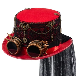 Steampunk cylinder z goglami czarne czerwone koronkowe koła zębate jazzowy kapelusz gotycka Fedora z welonem kostium imprezowy kapelusze karnawałowego klubu nocnego