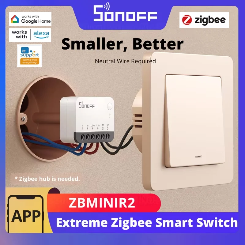 SONOFF ZBMINIR2 Extreme Zigbee 3.0 Smart Switch Detach Relay Remote 2 Way Control Requird Neutral Wire via 2MQTT Alexa Google