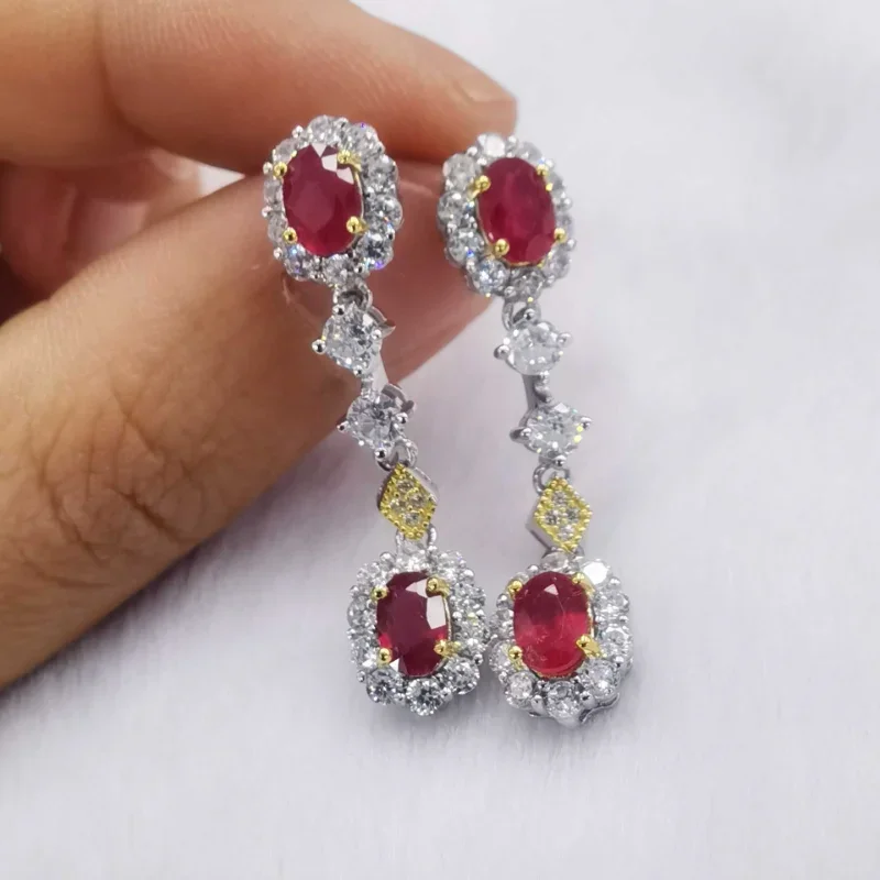 SACE GEMS 2023 Fashion Drop Earrings for Women 925 Sterling Silver 4*6MM Ruby Stud Earrings Wedding Party Fine Jewelry Gift