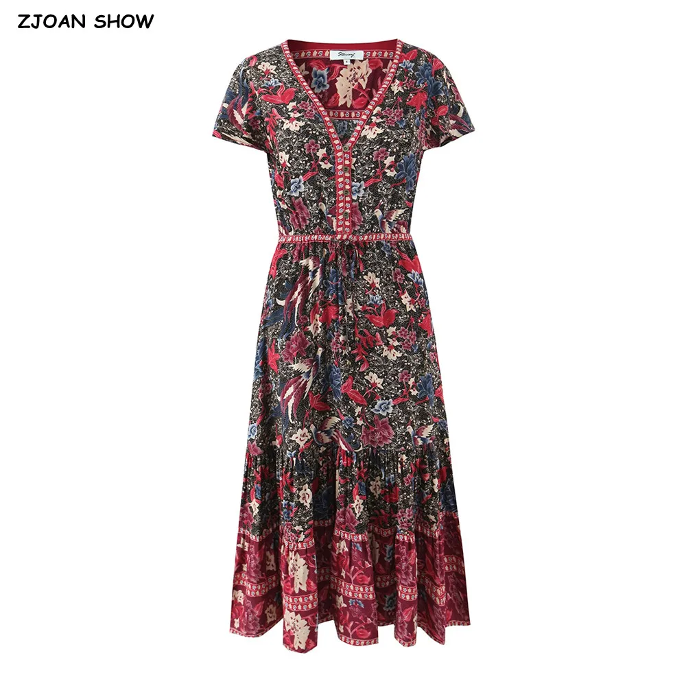 Vestido Midi Bohemio con Botones Abiertos, Cuello en V, Estampado Floral, Manga Acampanada, Cintura con Cordón, Vestido Largo Hippie para Mujer