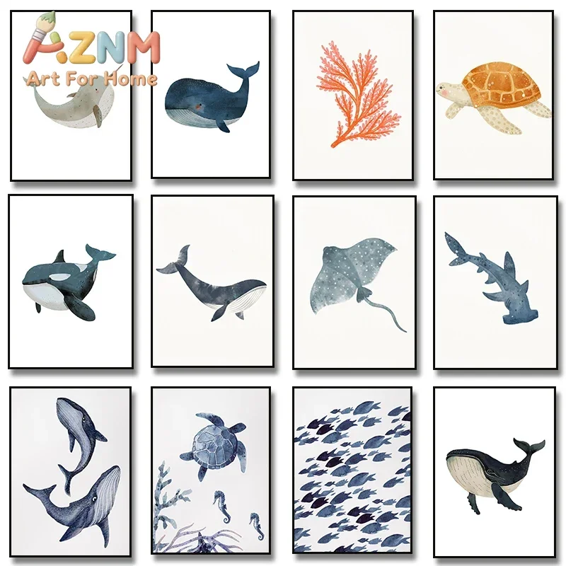 Ocean Animal Shark Turtle Dolphin Whale Fish Poster Watercolor Canvas Painting Print for Wall Living Room Nursery  Home Decor