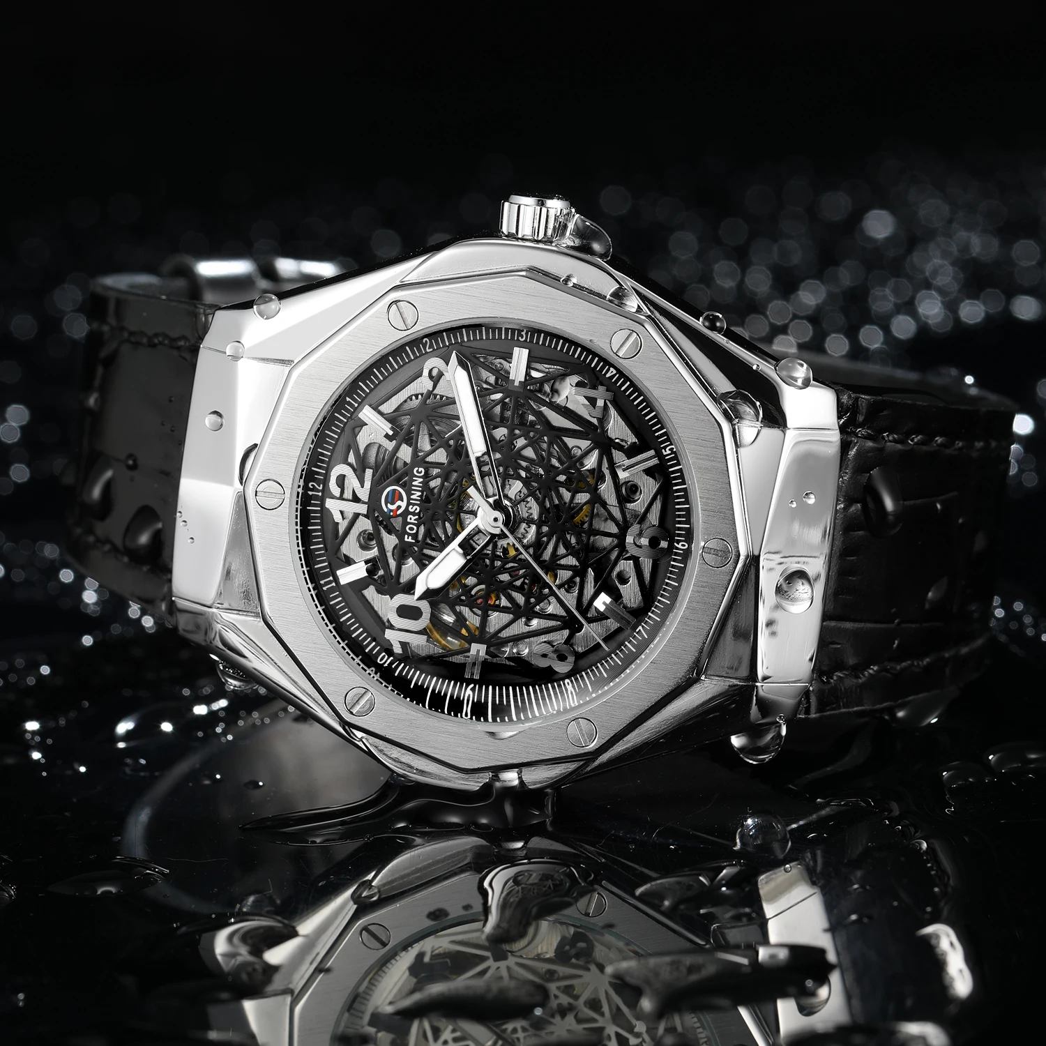 FORSINING Factory Polygon Steel Skeleton Mechanical Watch For men Automatic Movement Clock Waterproof Leather Luxury aaa Watches