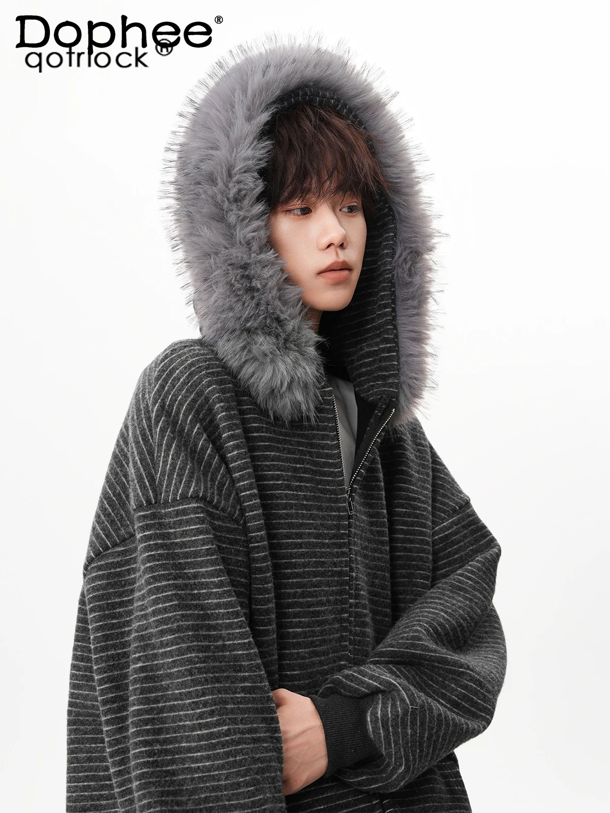 American High Street Fashion Trend Fur Collar Fleece-Lined Hooded Sweatshirt Youth Popular Winter Loose Warm Coat for Men