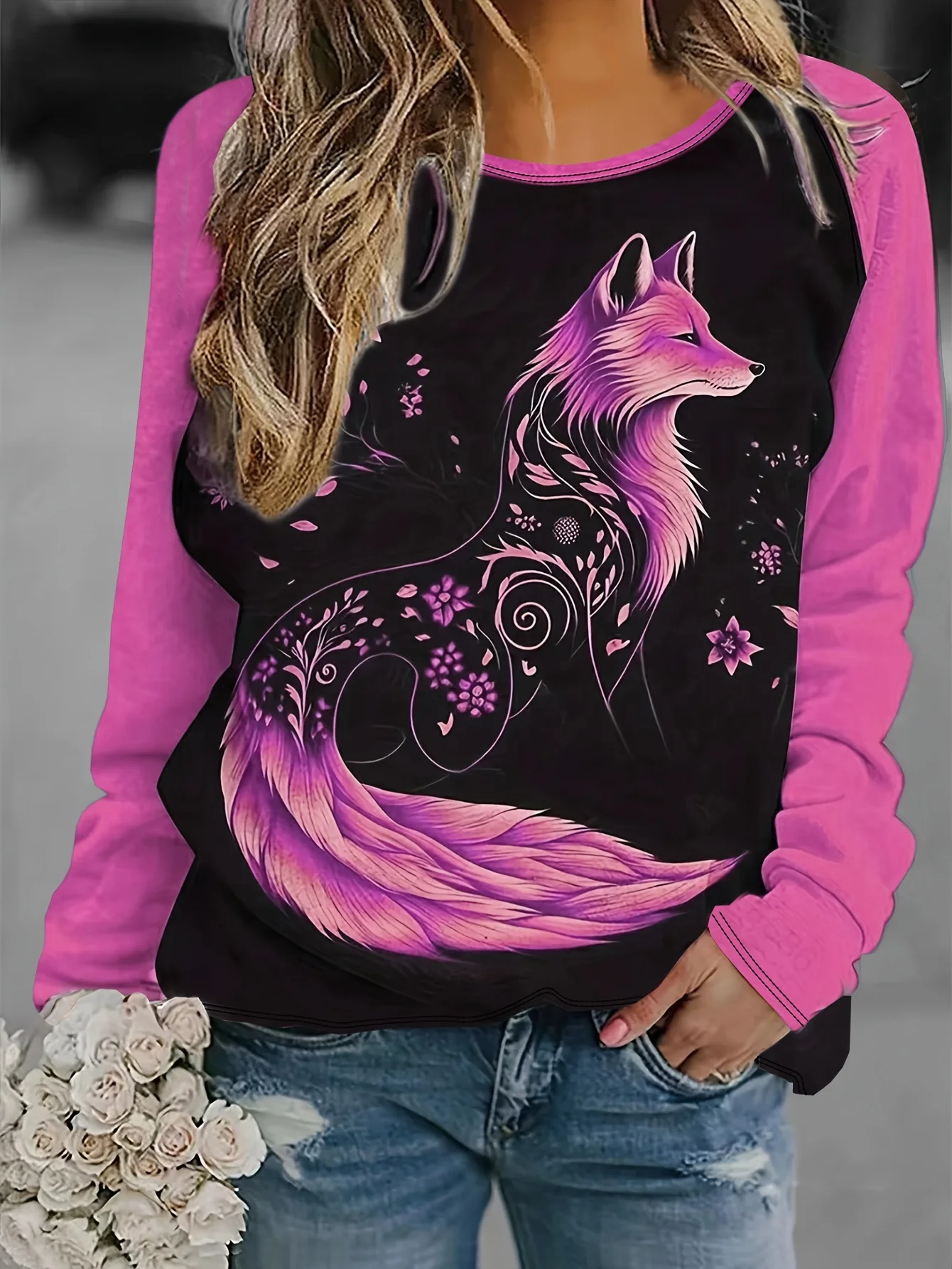 Women\'s 2024 sleeves stitching fox print round neck long sleeve party autumn casual pullover 3d printing casual fashion tops