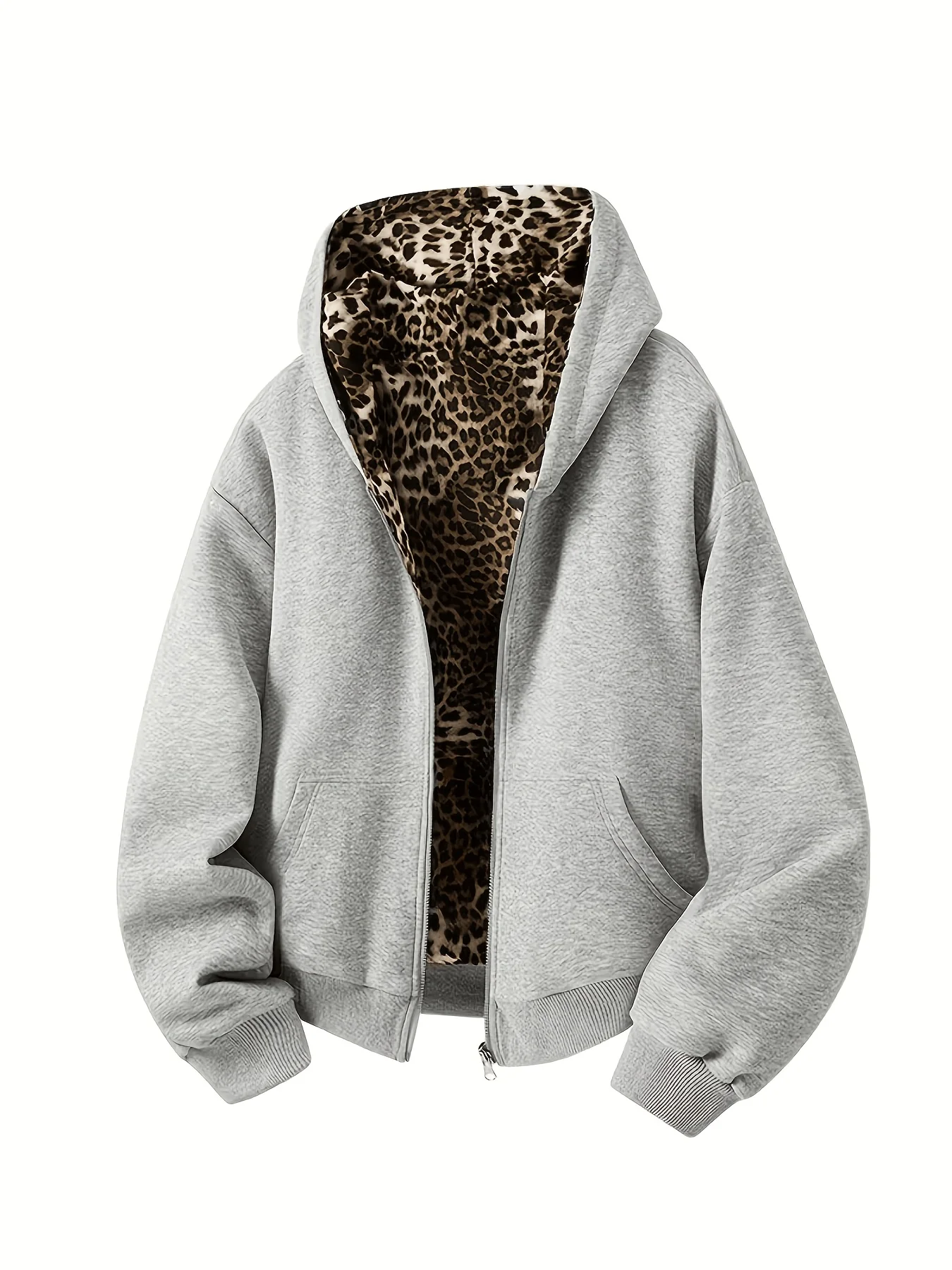 Fashion Street Style Y2K Retro Style Hooded Double-Sided Leopard Print Sweatshirt, Women's Leopard Pattern Hooded Sweatshirt with Large Pockets, Zip-Up Sweatshirt with Pockets, Streetwear