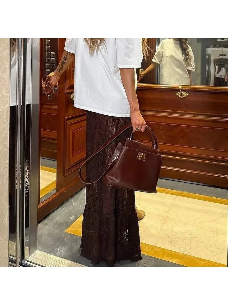 Solid Color Splicing Fashionable and Sexy Season Versatile and Thin Irregular Lace Split-ended Long Skirt