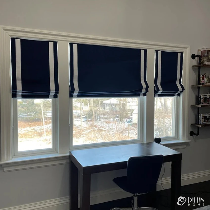 Navy Blue With White Trims Customized Roman Shades Light Filter/Blackout Window Blinds For Living Room Easy to Install