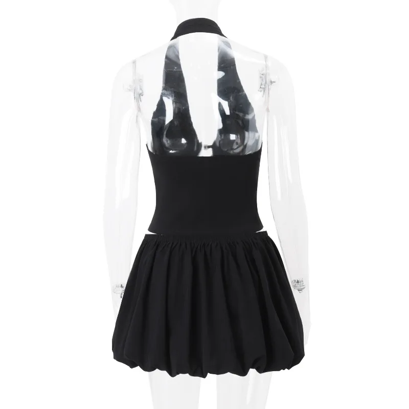 Dsmtrc 2025 moda high street 2 peças saia ternos para mulheres festa de verão sem costas halter colheita topo + mini saia tutu vestido conjuntos