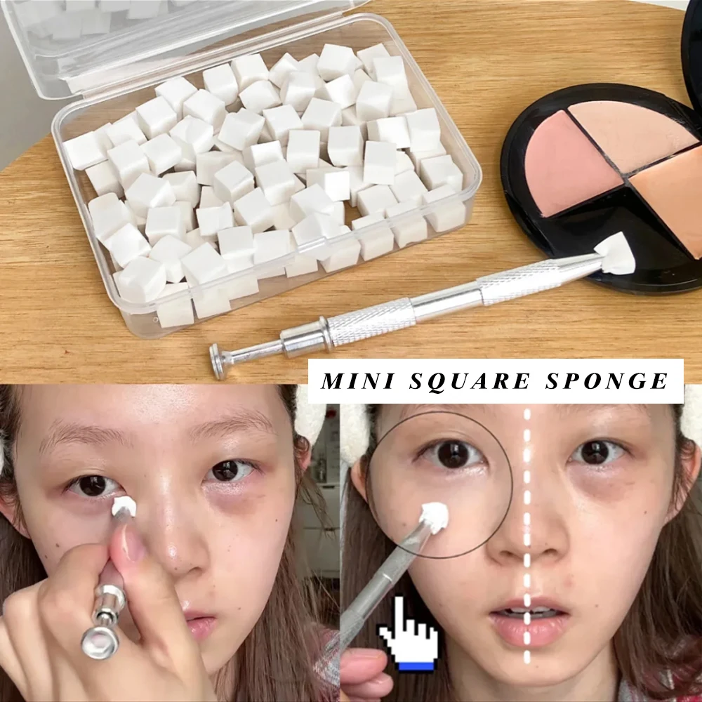 CALIYI 100/200 قطعة إسفنجة مكياج مربعة صغيرة مع أداة كشط لبودرة الأساس السائل المخفي الرطب والجاف