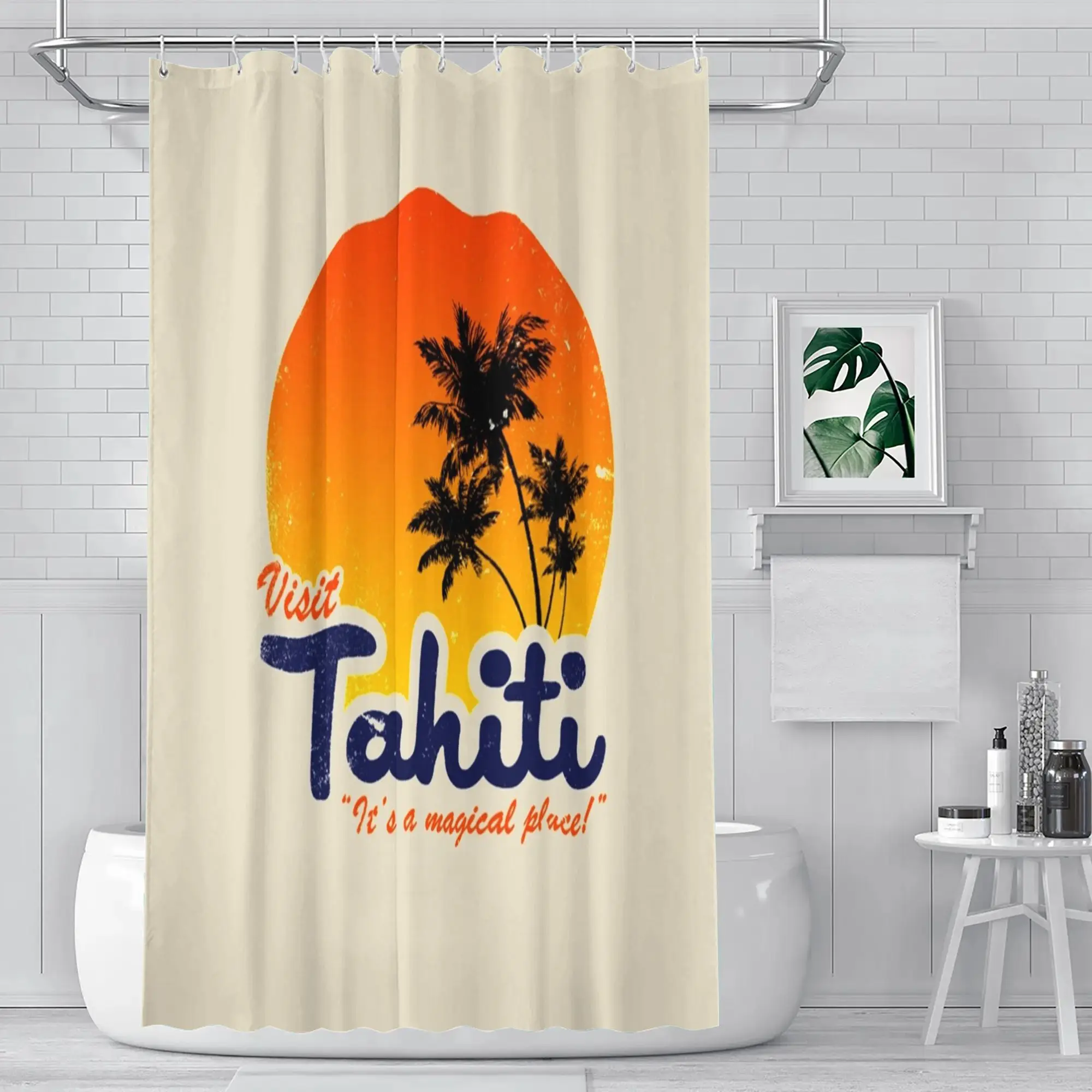 Distressed Tahiti Travel Poster Shower Curtain – Retro Tropical Bathroom Decor, Elegant Guest & Powder Room Upgrade